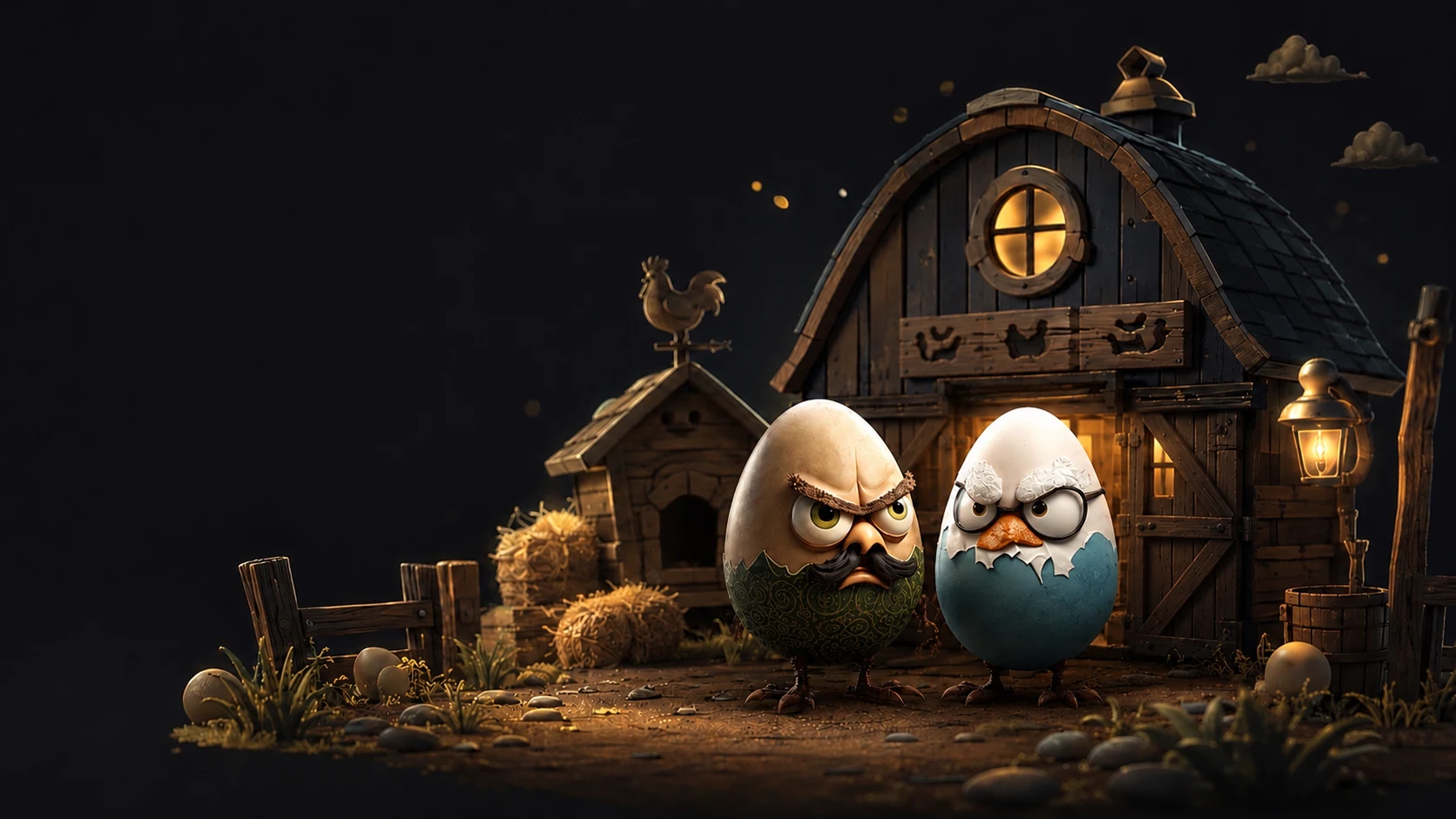 The Eggverse characters at a farmhouse during sunset
